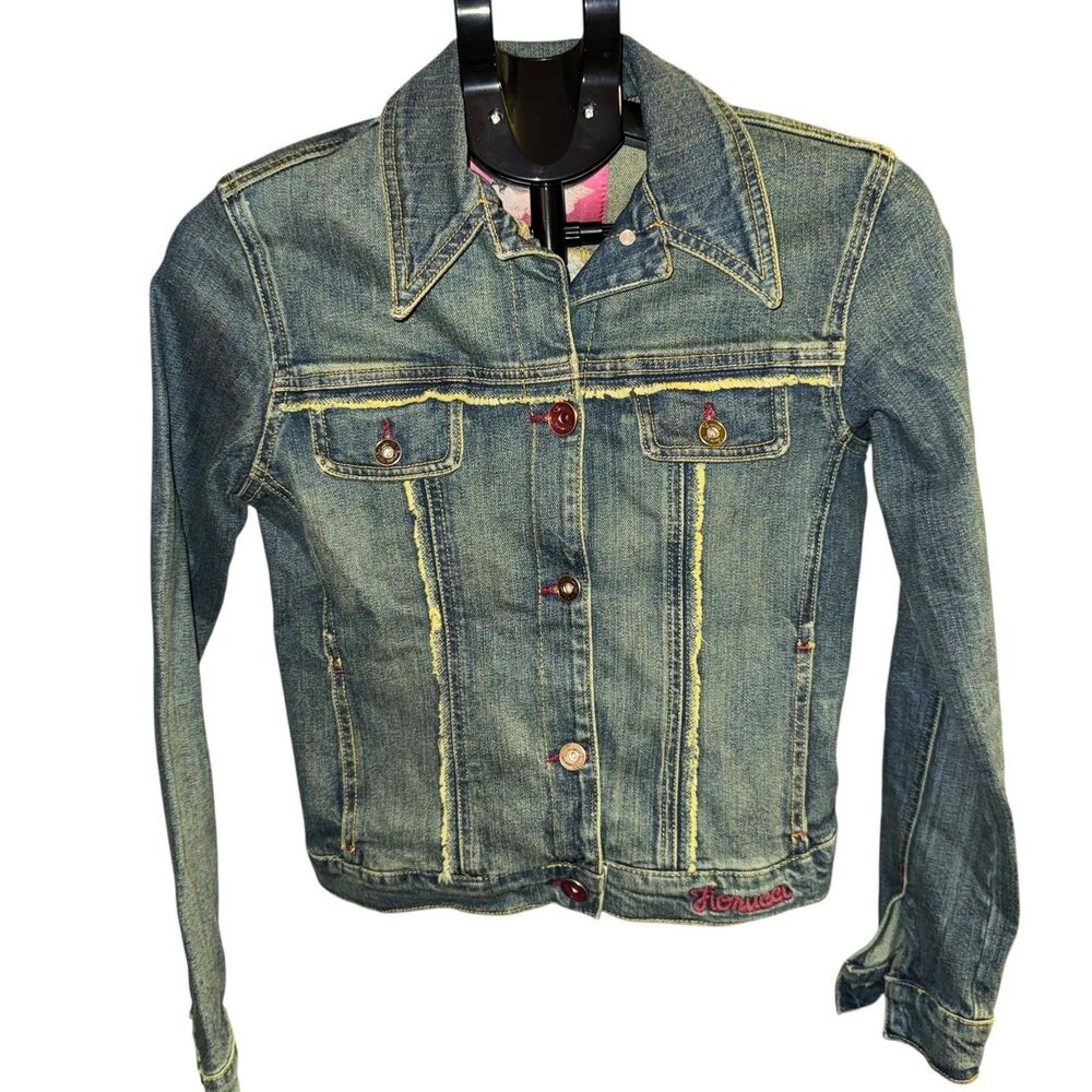 Vintage Fiorucci Denim Embroidered Flowers Jean  Denim‎ Jacket Coat Women Small